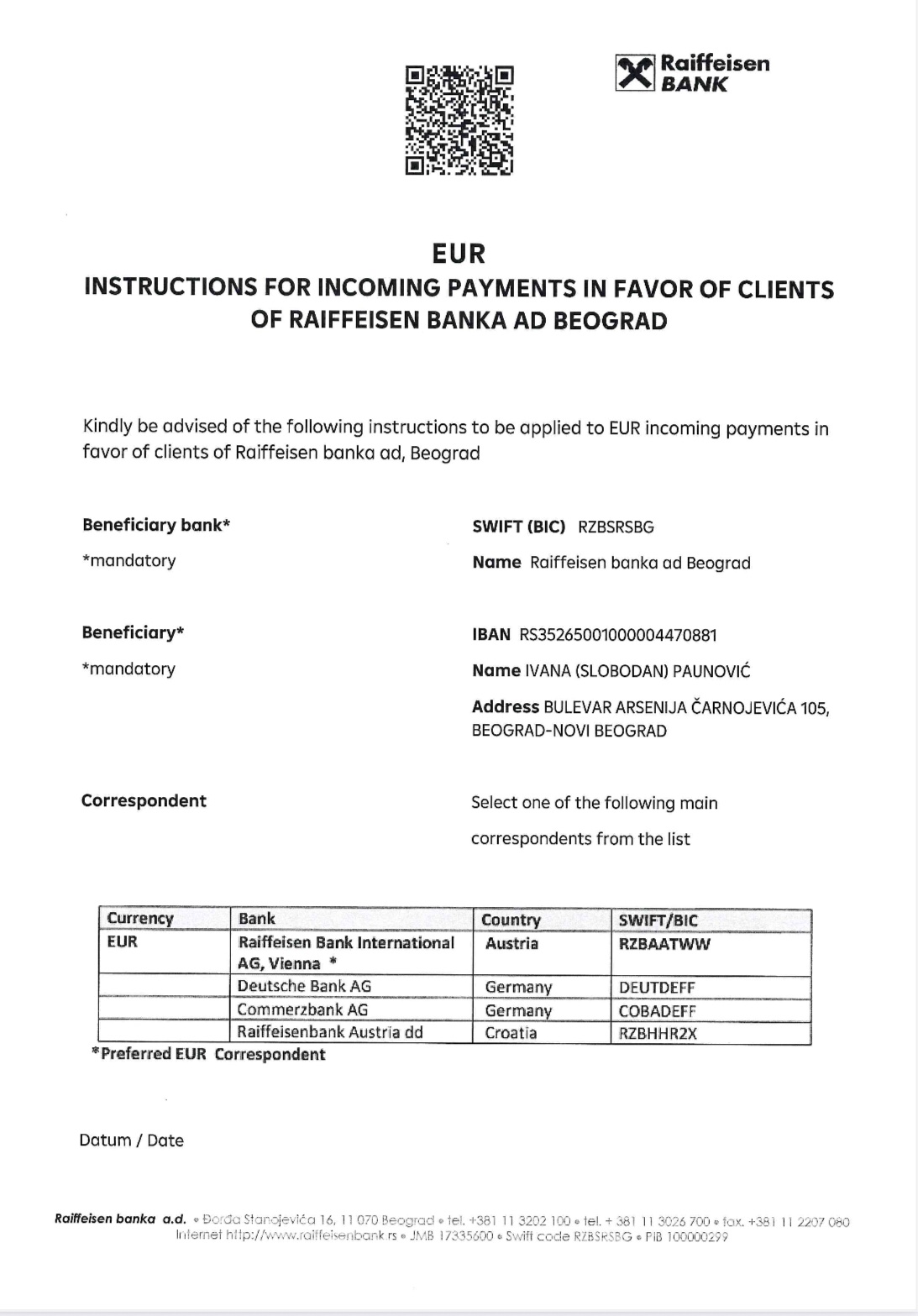 Uputstvo za uplatu u evrima