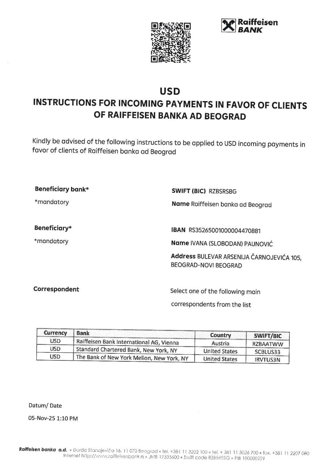 Uputstvo za uplatu u dolarima